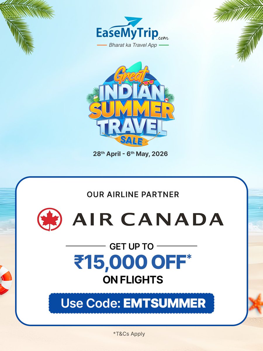 EaseMyTrip's tweet image. Air Canada just made your next trip affordable✈

The Great Indian Summer Travel Sale is LIVE -
and now’s the time to lock your flights without overpaying
Better fares. More routes. No waiting around.

Book with EaseMyTrip
*T&amp;amp;C apply

#GreatIndianSummerSale #FlightDeals