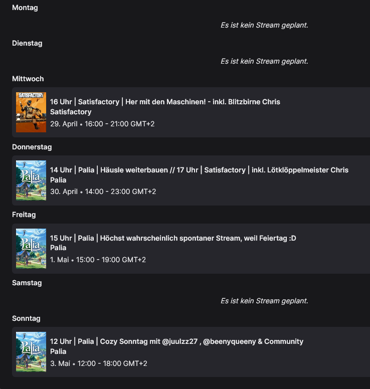 HulkHightower's tweet photo. Hallöchen ihr Lieben, ich wünsche euch eine fantastische Woche und hoffe ihr könnt am Feiertag schön entspannen. Gönnt euch etwas feines.😊♥️ #twitchtv #satisfactory #palia #ddv - https://t.co/yKaXeqjlso 
🍔Streamplan für diese Woche (27.04.-03.05.):🍔 https://t.co/8PZUfEUCh7