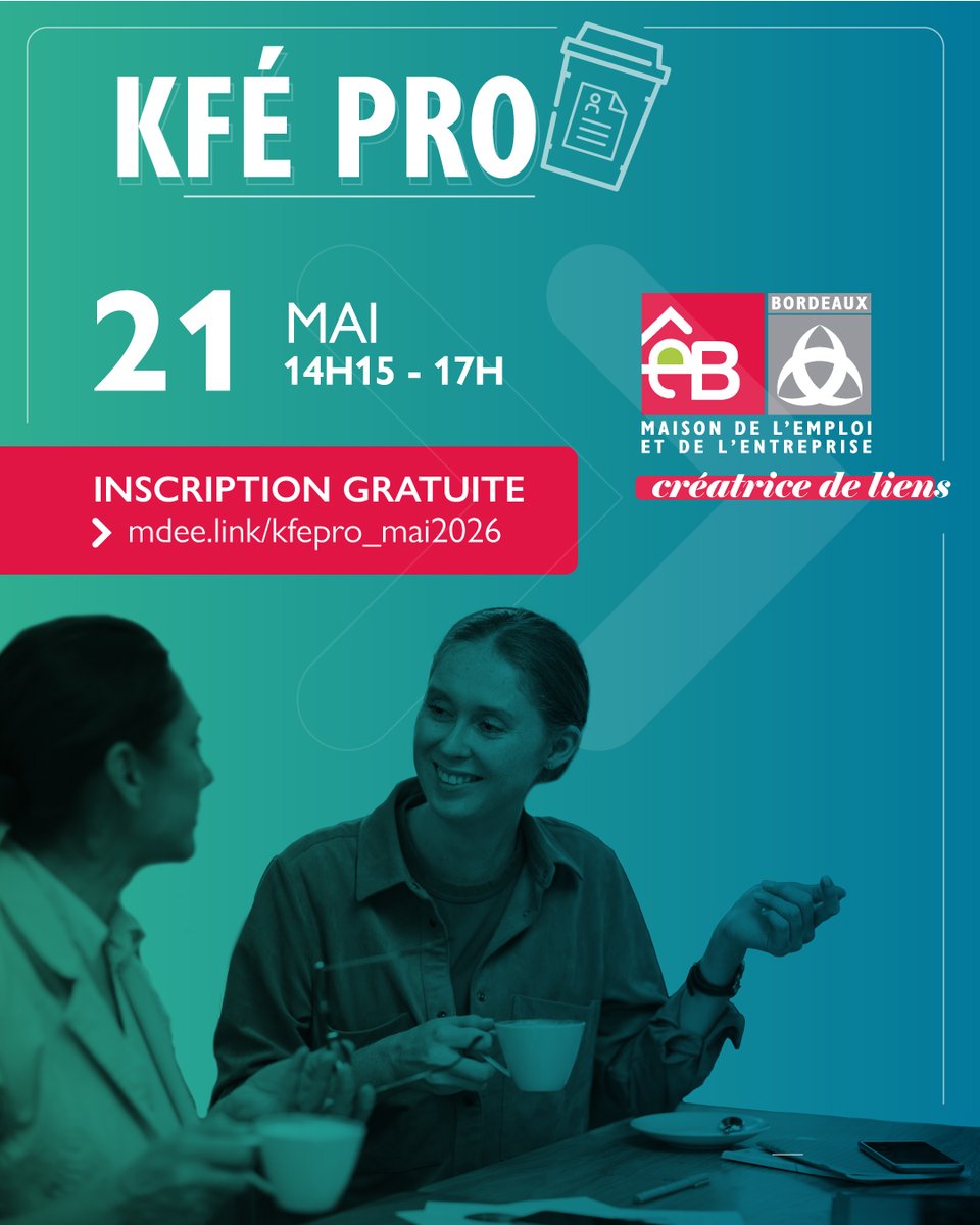 MDEEBORDEAUX's tweet image. [KFE PRO]Vous êtes en recherche d’#emploi ou en #reconversion professionnelle ?

✨Participez au prochain Kfé Pro ! Inscrivez vous ici : lnkd.in/d9hUKRhn

📅Le jeudi 21 mai, de 14h15 à 17h