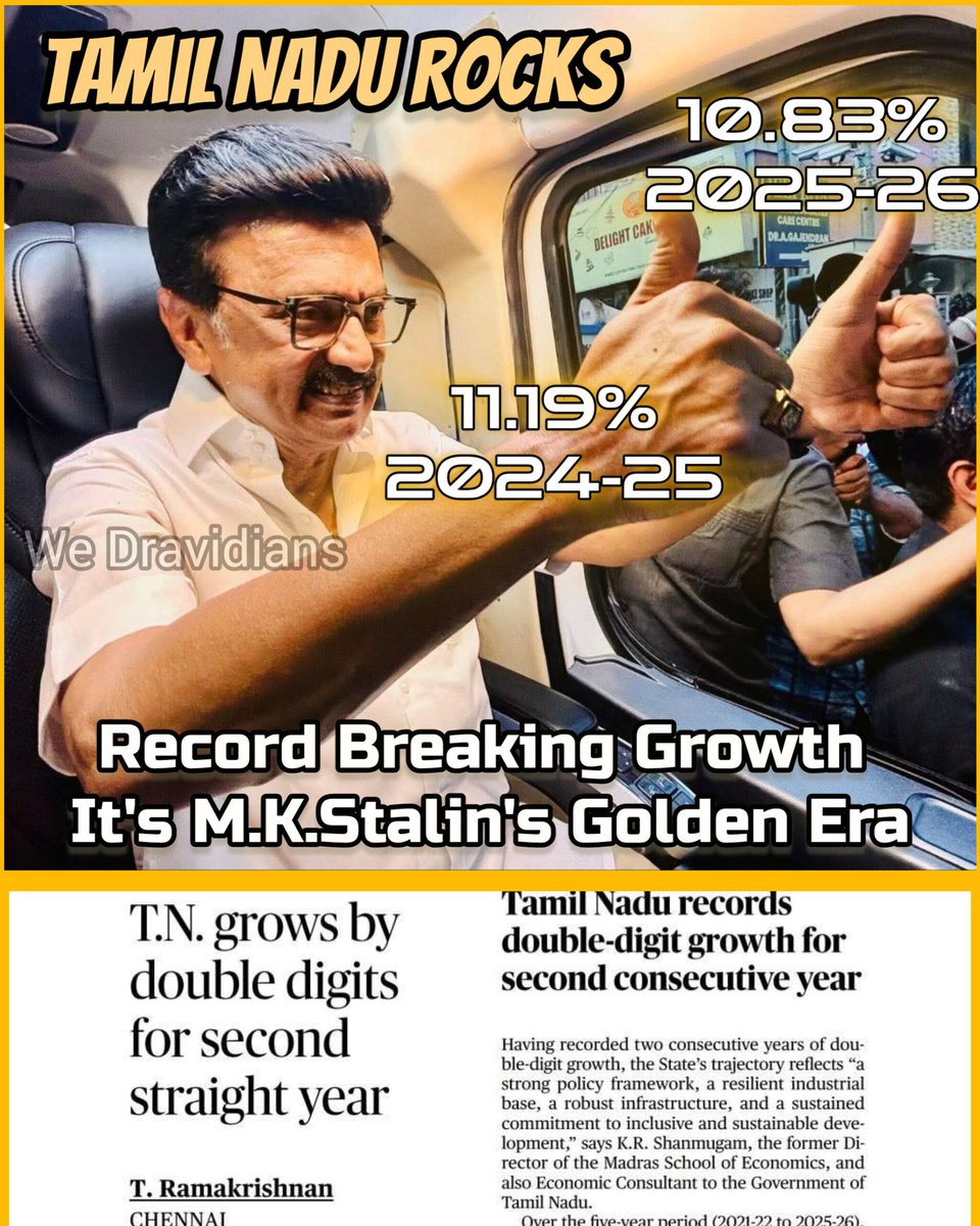 Double-digit growth📈
Two years in a row🌟

Not noise. Not propaganda.
Just plain factual Numbers.

Tamil Nadu clocks 10.83% growth in 2025–26 following the 11.19% recorded in the previous year leaving the national average of 7.4% far far behind🔥

While some are busy dividing