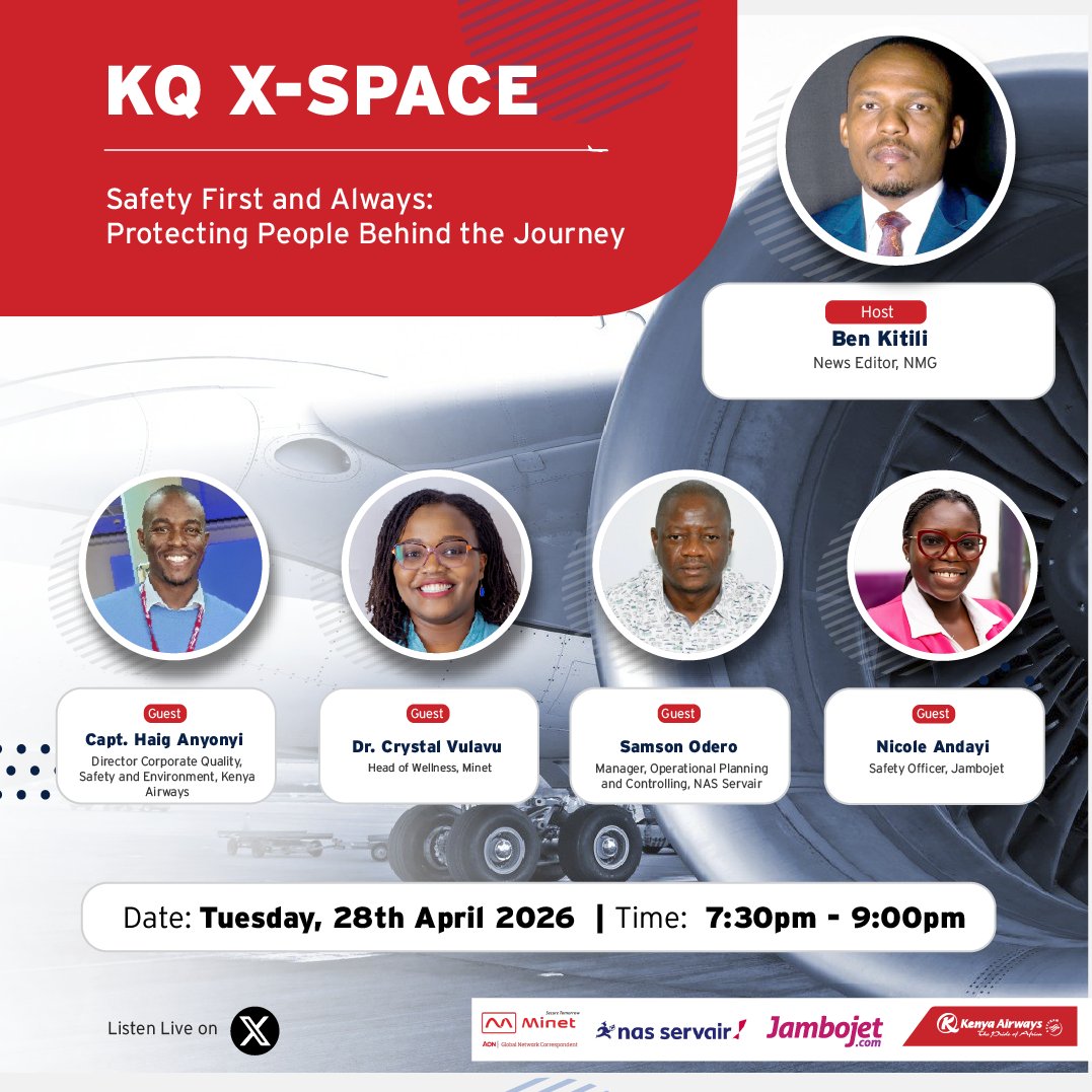 AMComms_Ltd's tweet photo. As we mark the World Day for Safety and Health at Work, join @KenyaAirways, @FlyJambojet, Nas Servair, and @Minet_Kenya for an X Space unpacking what it means to protect people in the workplace.

Set a reminder here for 7.30pm tonight https://t.co/sILDn2DqdO 
#IdeasPassionResults https://t.co/lQhtb3PBAe
