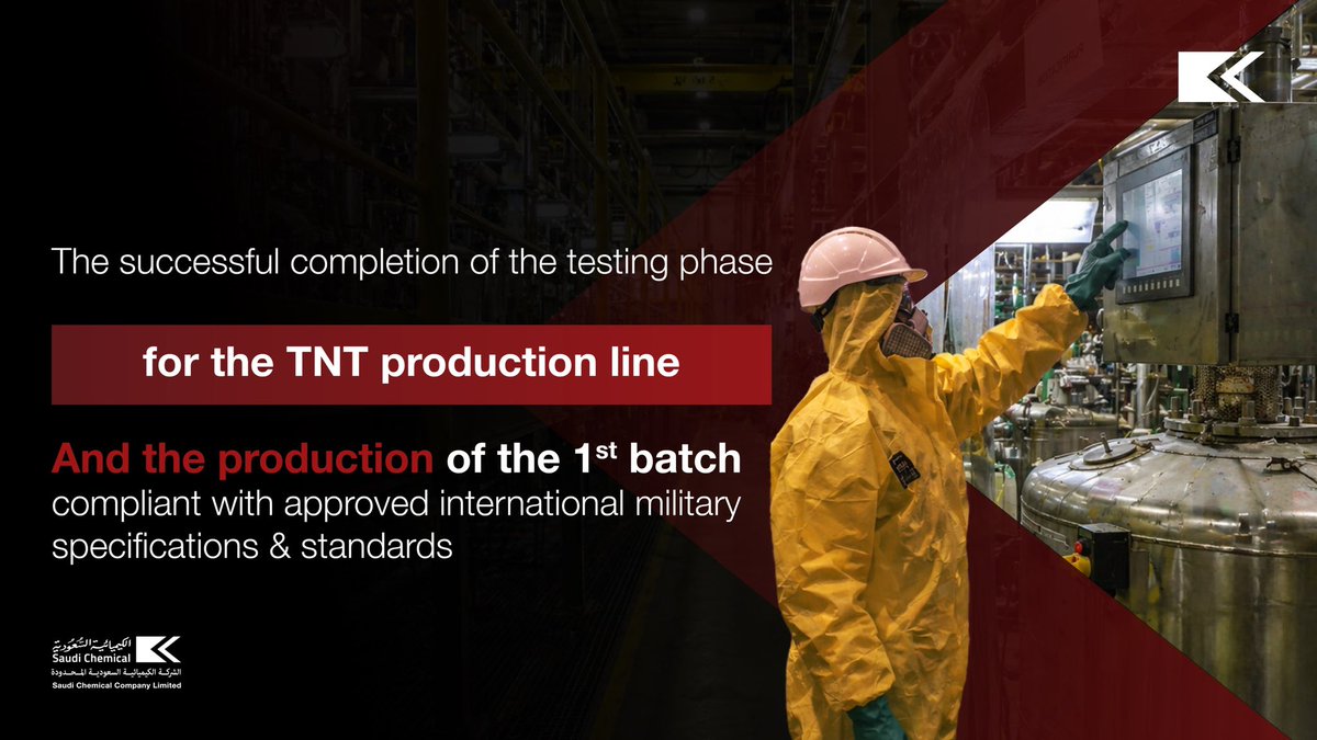 saudi_chemical's tweet photo. As part of its efforts to enhance industrial capabilities and support national objectives and Saudi Vision 2030, Saudi Chemical Company Holding through its subsidiary Saudi Chemical Company Limited @SCC_Ltd_ has announced the successful completion of the trial phase for its TNT production line. The company has also produced its first batch in full compliance with internationally recognized military standards, following the completion of all technical and operational tests.

The company is currently preparing and optimizing its production lines in preparation for transitioning to full commercial production.