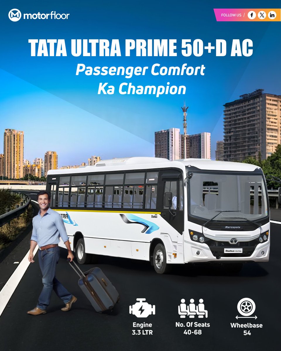 motorfloorindia's tweet image. Tata Ultra Prime 50+D AC – Passenger Comfort Ka Champion 

Spacious seating, AC comfort aur powerful performance ke saath har ride smooth &amp;amp; reliable. Staff duty, school routes ya long travel ke liye perfect choice.

#BusLife #SchoolBus #ACBus #ComfortRide #CommercialVehicle