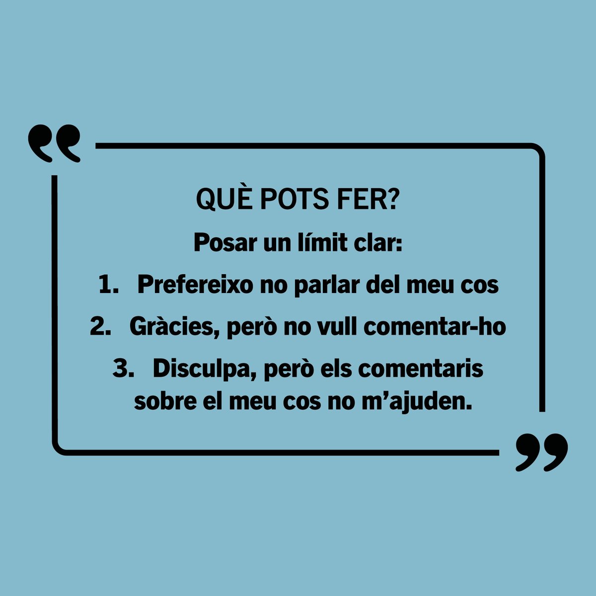 AcabCatalunya's tweet image. QUÈ POTS FER DAVANT ELS COMENTARIS SOBRE EL TEU COS?
En aquesta època de l’any en la qual la pressió estètica s’intensifica, volem posar l’accent en un dels factors determinants en el desenvolupament dels #TCA: la normalització dels comentaris sobre el cos o la imatge.
#cos