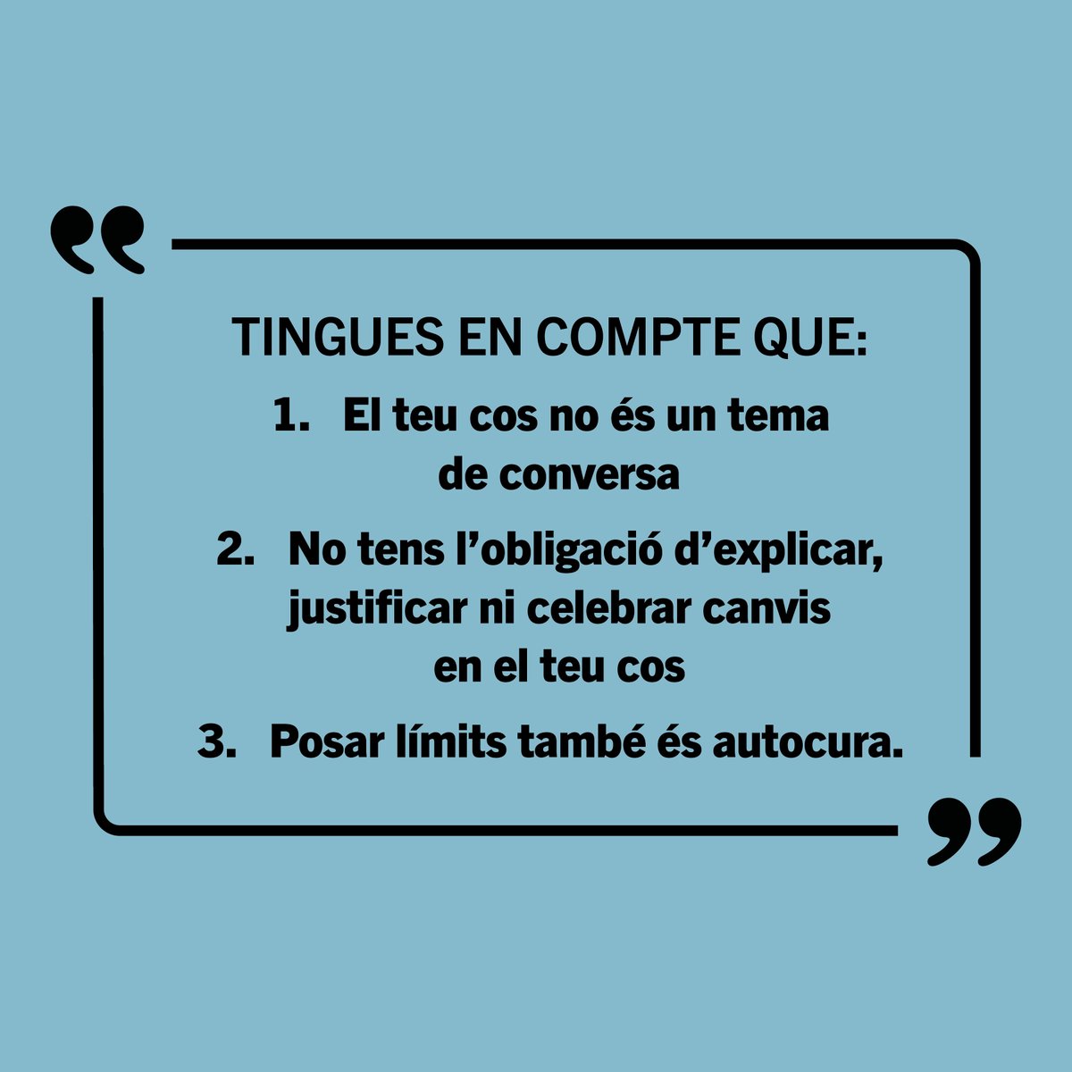 AcabCatalunya's tweet image. QUÈ POTS FER DAVANT ELS COMENTARIS SOBRE EL TEU COS?
En aquesta època de l’any en la qual la pressió estètica s’intensifica, volem posar l’accent en un dels factors determinants en el desenvolupament dels #TCA: la normalització dels comentaris sobre el cos o la imatge.
#cos