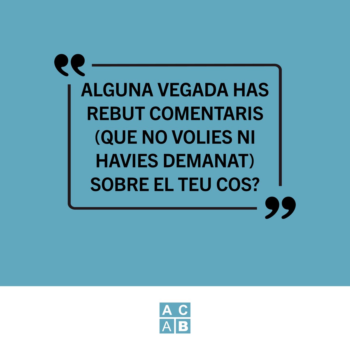 AcabCatalunya's tweet image. QUÈ POTS FER DAVANT ELS COMENTARIS SOBRE EL TEU COS?
En aquesta època de l’any en la qual la pressió estètica s’intensifica, volem posar l’accent en un dels factors determinants en el desenvolupament dels #TCA: la normalització dels comentaris sobre el cos o la imatge.
#cos