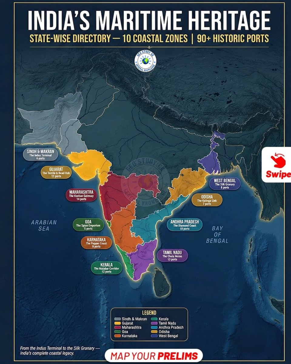 UPSC_Maps_'s tweet image. India’s coasts shaped trade, culture, and power for centuries. ⚓🌏
90+ historic ports, 10 coastal zones — a complete maritime journey for UPSC aspirants. 🇮🇳
#IndianHistory #UPSC #Geography #UPSC #SSC #UPSC_Mpas