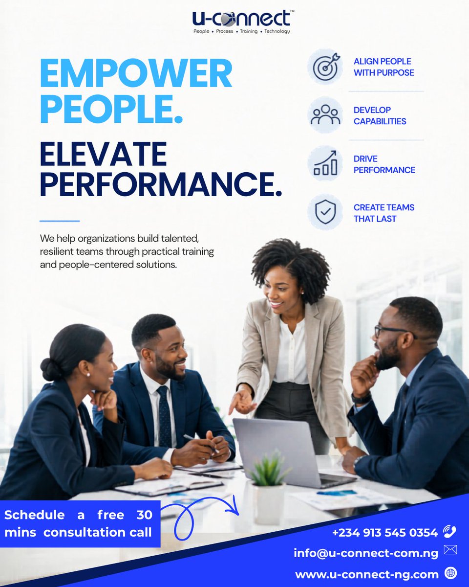 uconnecthr's tweet photo. Your team’s growth is your competitive edge.

At U-Connect HR Ltd., we help you train, upskill, and build high-performing teams ready for today’s challenges.

Book a 30 mins free consultation call with our expert
📩 info@u-connect-ng.com
📞 09135450354 https://t.co/o10BRAfk9R