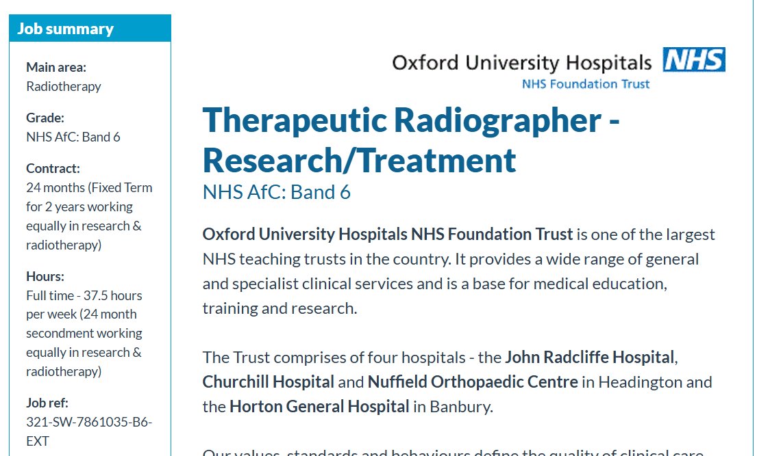TVWRTNetwork's tweet photo. A great opportunity has arisen to join the Radiotherapy Team OUH Radiotherapy Centre
@OUHospitals
Oxford University Hospital NHS Foundation Trust https://t.co/21RQMZb7Aq