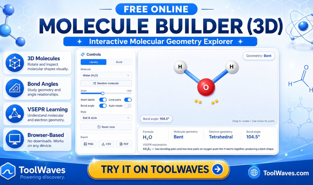 toolwaves's tweet image. 🧪 Explore molecular shapes in 3D with this free Molecule Builder on ToolWaves.

Rotate molecules, study bond angles, and understand molecular geometry visually — right in your browser.

toolwaves.com/tools/molecule…

#Chemistry #STEM #Education #EdTech