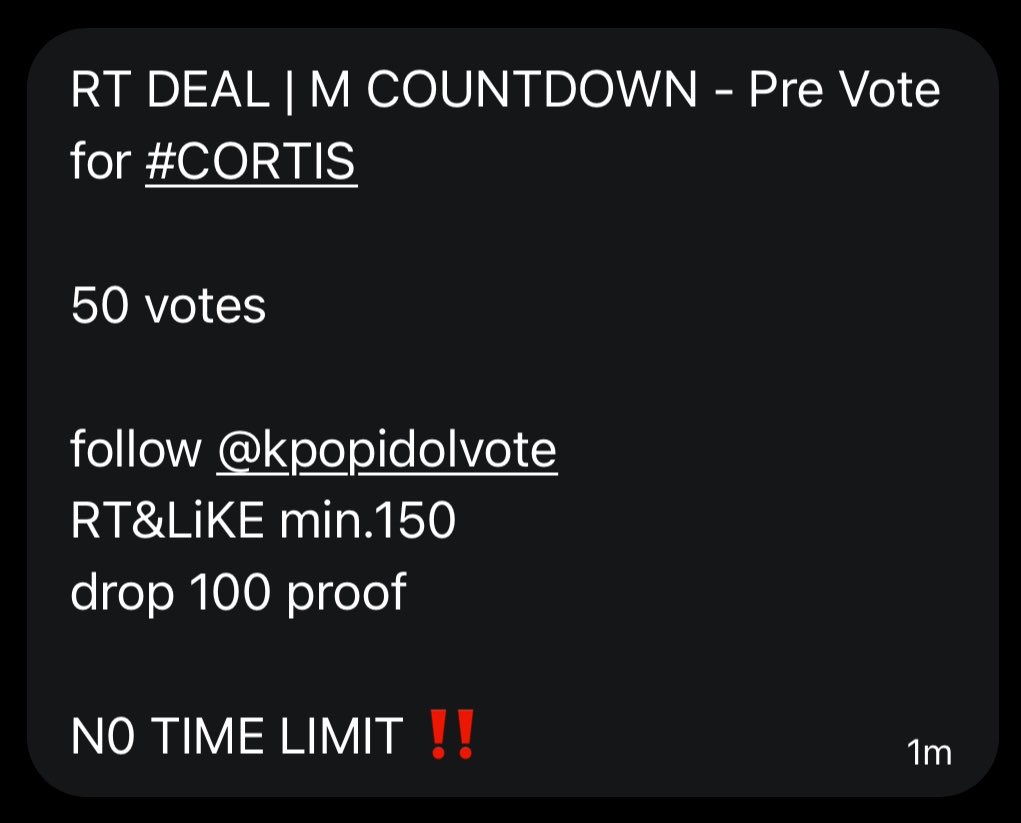 ⭐️ RT DEAL | M COUNTDOWN - Pre Vote 
for #CORTIS

50 votes

— follow <a href="/kpopidolvote/">KPOP IDOL VOTE</a> 
— RT&amp;LiKE min.150
— drop 100 proof

N0 TIME LIMIT ‼️

#ชวนโหวตเด็กโหลดต่ำ