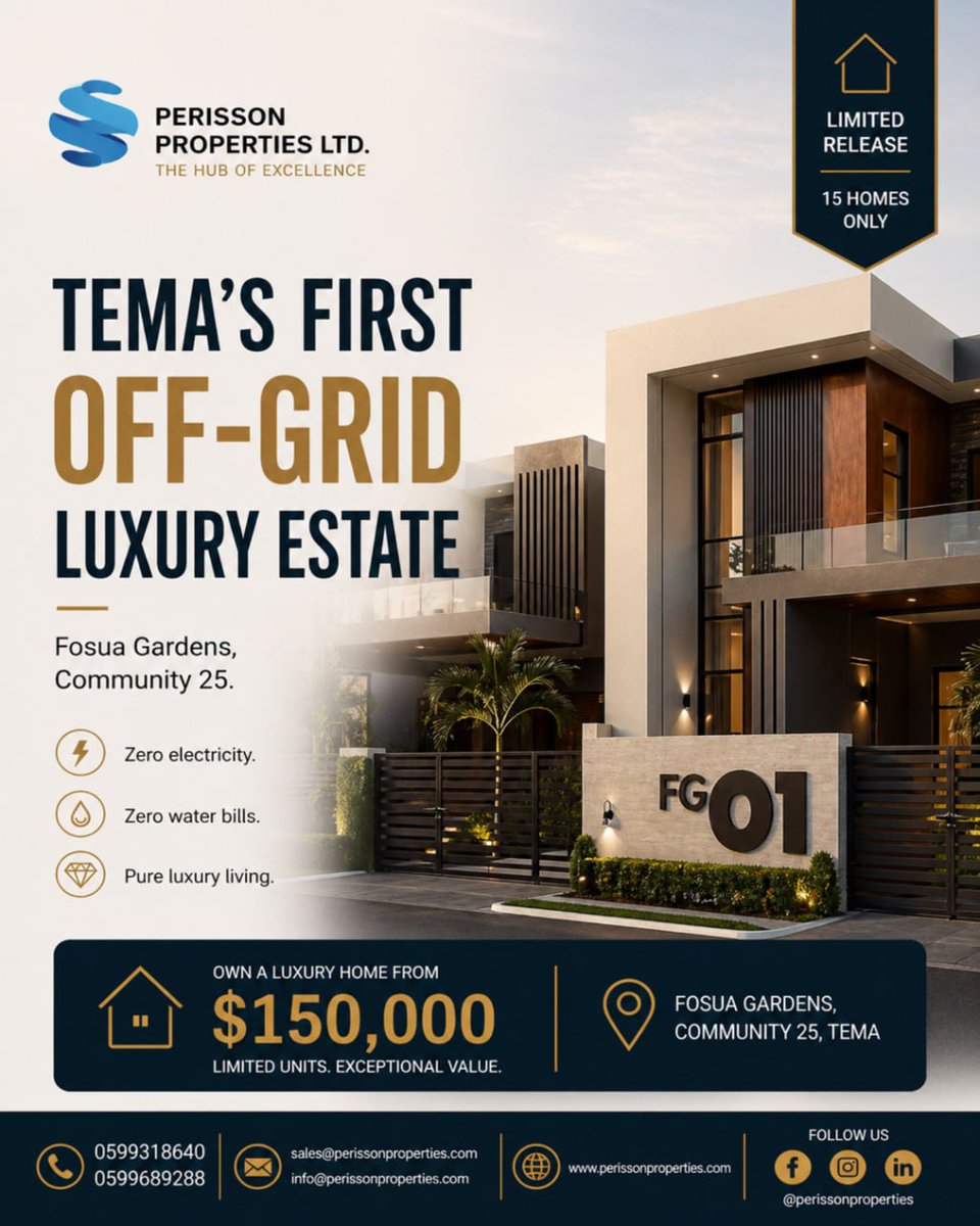 perissonpropt's tweet image. Fosua Gardens, Tema Community 25.

Fully off-grid luxury living. 
solar power, water independence, gated security.

Only 15 units available.
From $150,000

📲Enquire via WhatsApp wa.me/233599689288

#PerissonProperties #LuxuryLivingGhana #OffGridLiving