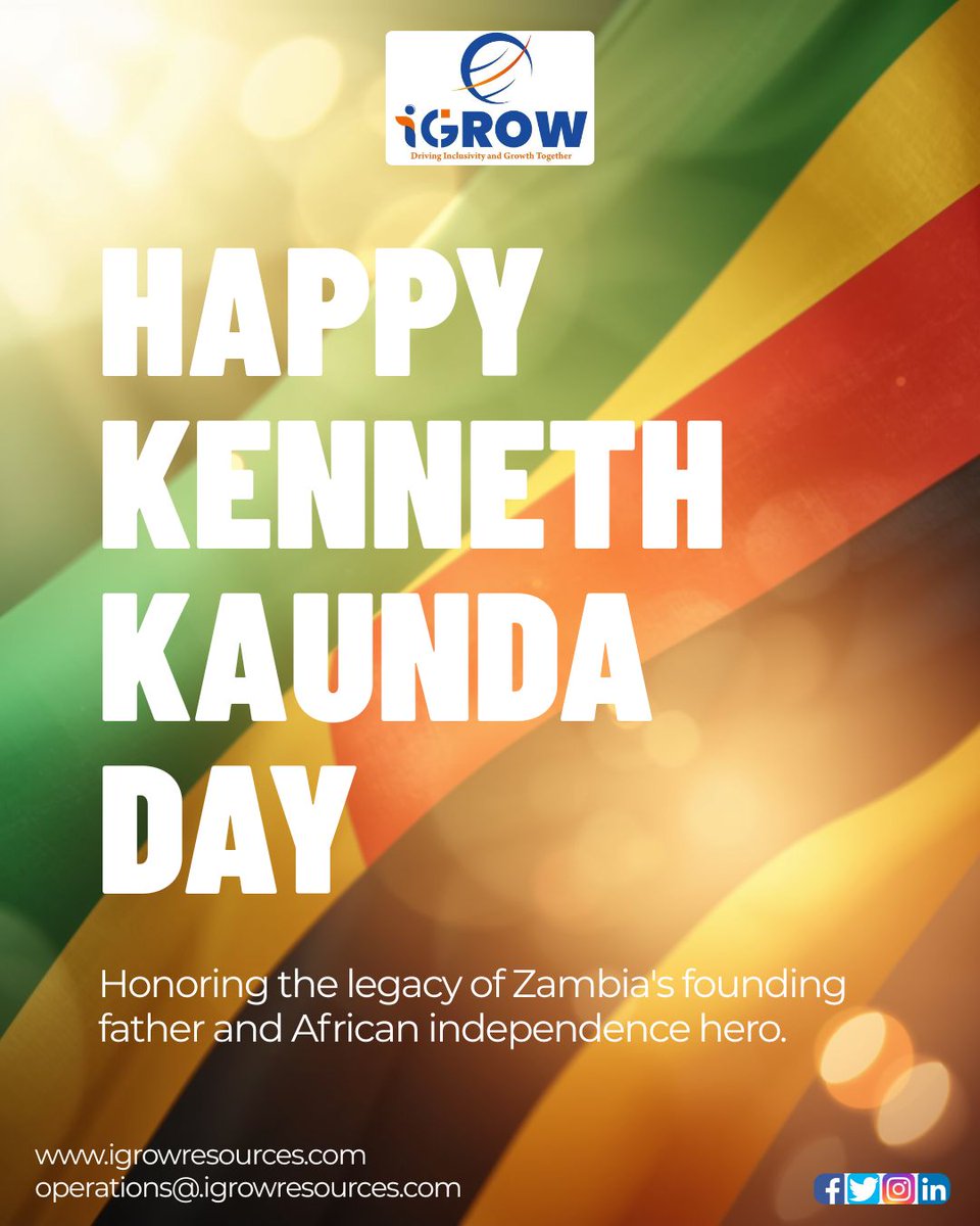 IGROW___'s tweet photo. Honoring the legacy of Dr. Kenneth Kaunda and celebrating Zambia’s spirit of unity and progress. 🇿🇲

iGROW Resources remains committed to growing the nation through sustainable agriculture and stronger supply chains.

#KennethKaundaDay #iGROWResources #Zambia https://t.co/xR22iP9mRF