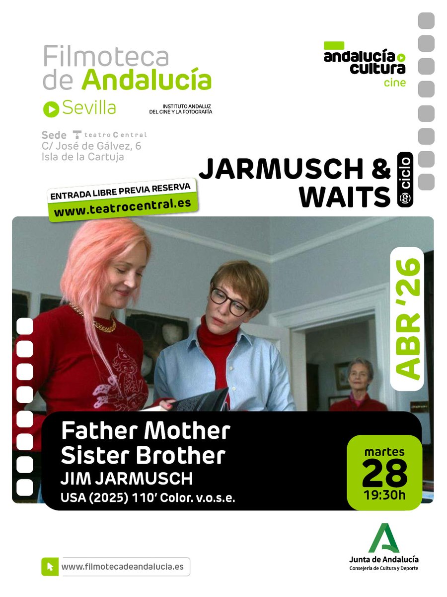 CulturaCuenta's tweet image. La @filmoandalucia proyecta hoy en sus salas:

#Sevilla en Teatro Central
⏰19:30h, Father Mother Sister Brother, de Jim Jarmusch.

#Córdoba
⏰20h, Modelo 77, de Alberto Rodríguez. 

filmotecadeandalucia.es

@CulturaAND @JuntaSevilla @JuntaCordoba @SevillaOcio