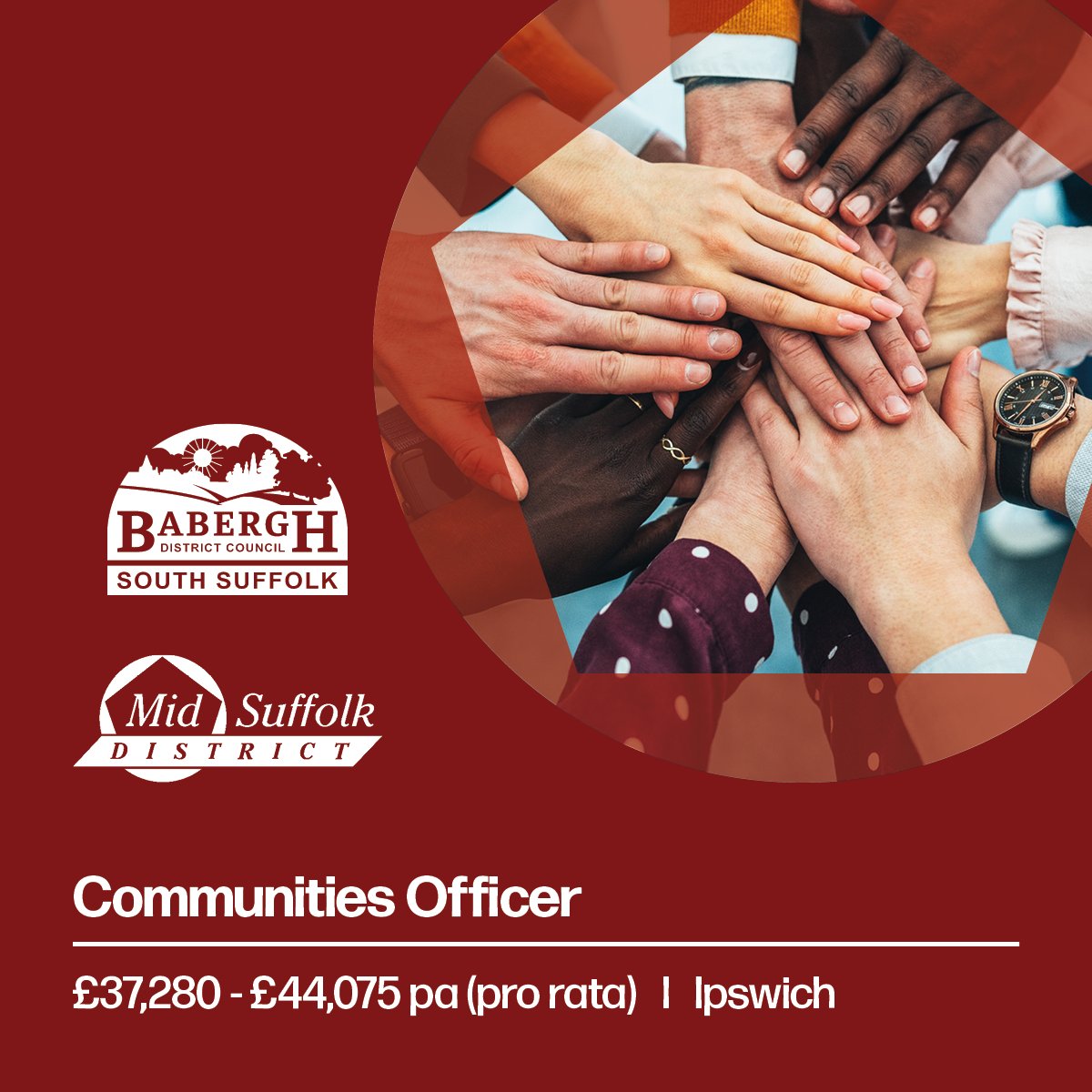 SJDirect's tweet image. Communities Officer
@BaberghSuffolk and @MidSuffolk District Councils, Ipswich IP1 2BX
£37,280 - £44,075 pa (pro rata for P/T), 37 hpw, FTC or Secondment for 12 mths

For more info and to apply for this job, visit:
suffolkjobsdirect.org...

#communitysupport  #suffolkjobsdirect