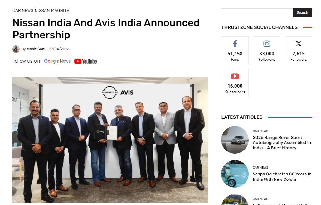 thrust_zone's tweet image. #Nissan Motor India Pvt. Ltd. (NMIPL) and Avis India today announced a strategic partnership to strengthen corporate mobility and leasing solutions in India by introducing integrated leasing and subscription offerings.