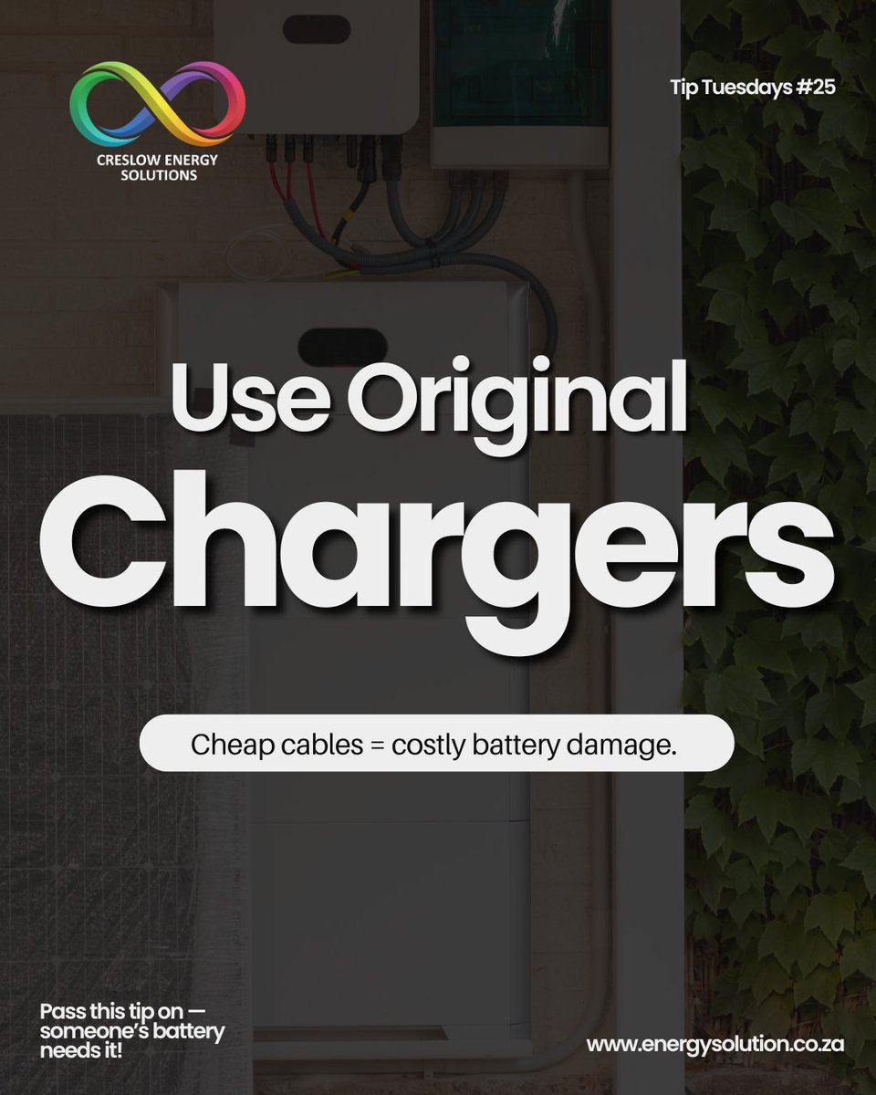 CreslowSolution's tweet image. 💡 #TipTuesday | Battery Care
Use Original Chargers Only

Cheap cables may seem like a quick saving —
but they can quietly damage your battery over time.

👉 Small habit. Big impact.
#BatteryCare #QuickTips #EnergySolutions #CreslowEnergy #SmartPower #BatteryHealth