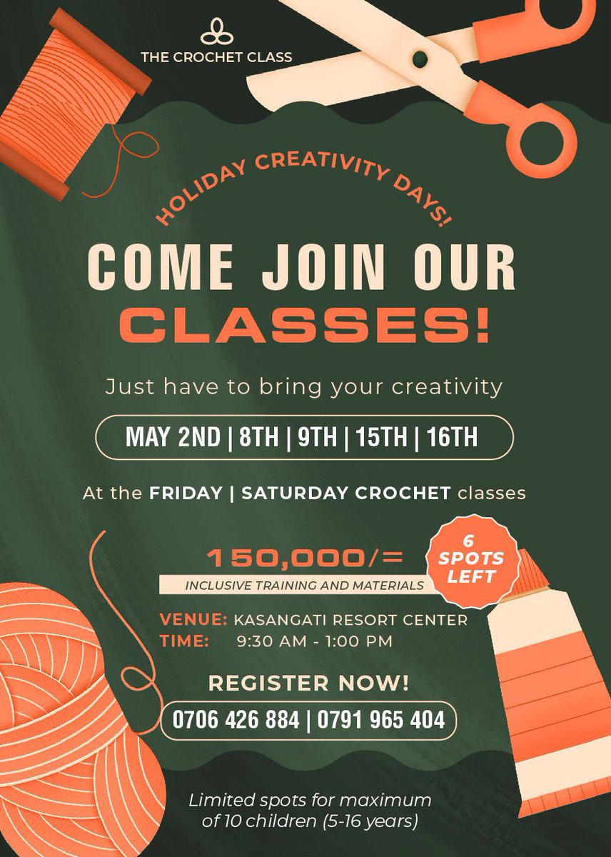 mindraweddings's tweet photo. 🧶 HOLIDAY CROCHET CLASSES
📍 Kasangati Resort Centre
⏰ 9:30am – 1:00pm | UGX 150,000
🗓️ May
Sat: 2nd · 9th · 16th
Fri: 8th · 15th
✅ 5 fun sessions
✅ All materials included
✅ Real skills. Happy kids.
👉 Reserve your child's spot:
📲 0706-426-884 / 0791-965-404 https://t.co/2h9rY1pCFF
