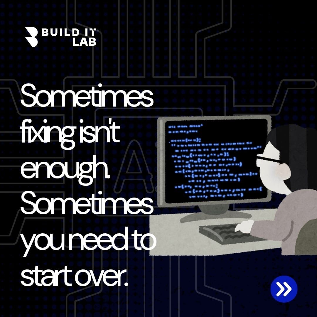 BuilditlabDev's tweet image. Patching a broken product only delays the inevitable.

If your users are working around your features,  it's time to rebuild. 

At BuildIt Lab we do it the right way.

#BuildItLab #ProductDevelopment #StartupTips #TechFounders #BuildSmart