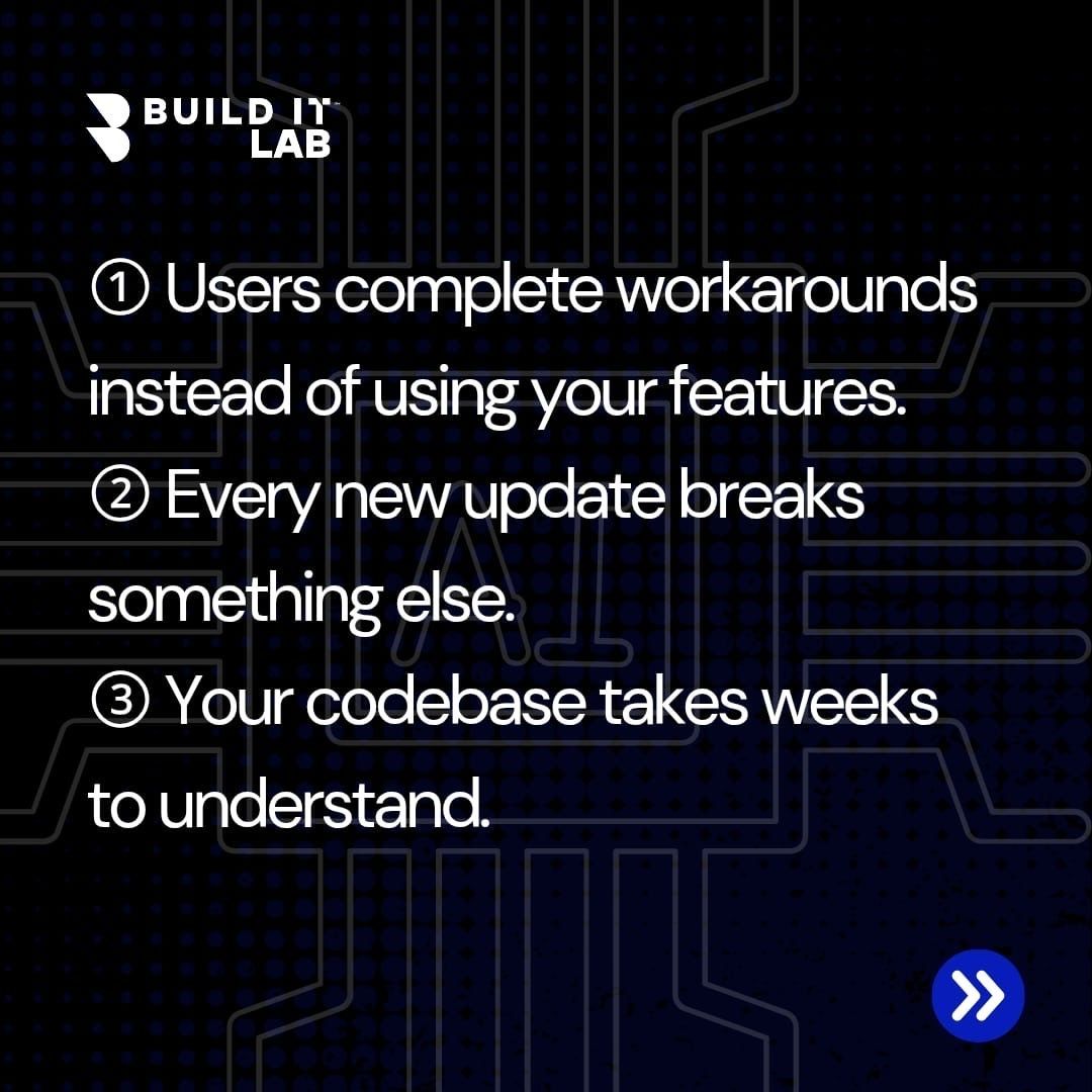 BuilditlabDev's tweet image. Patching a broken product only delays the inevitable.

If your users are working around your features,  it's time to rebuild. 

At BuildIt Lab we do it the right way.

#BuildItLab #ProductDevelopment #StartupTips #TechFounders #BuildSmart