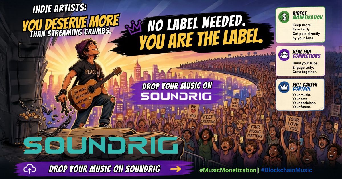 SoundRigMusic's tweet photo. Indie artists: you deserve more than streaming crumbs. 

SoundRig gives you direct monetization, real fan connections &amp; full career control. 
No label needed.  

Drop your music on https://t.co/p3xCogEkOt → 

#MusicMonetization #BlockchainMusic https://t.co/JI48qVIQPF