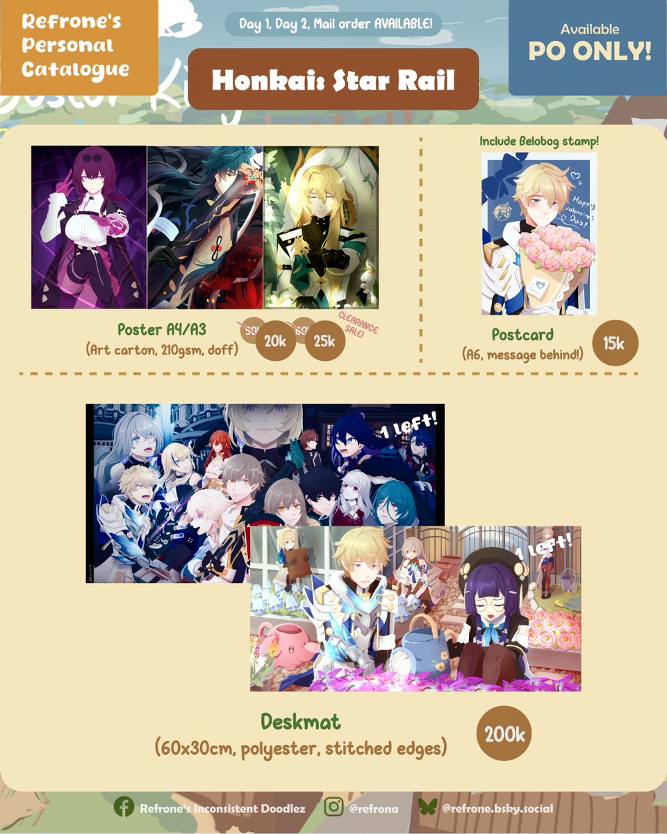 Refrone2's tweet image. [3/4]

Merch available PO ONLY: HSR, Danganronpa, Trails, JJBA, Obey Me!, Cells at Work, Touhou

Aku ga jual barangnya OTS, tapi masih bisa dipickup OTS ya klo PO ❤️

#hsr #danganronpa #trails #jjba #obeyme #cellsatwork #Touhou