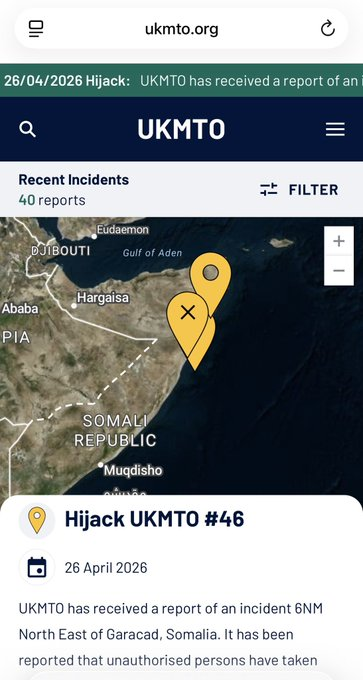 InsightsofWave's tweet image. 🚨 A cargo vessel has been hijacked near the Somali coast, just 6 nautical miles off Garacad, according to United Kingdom Maritime Trade Ops

-Ship identified as MV Sward, now under pirate control
-Crew: 15 (2 Indians, 13 Syrians)
-Vessel was en route from Suez to Mombasa
#hijack