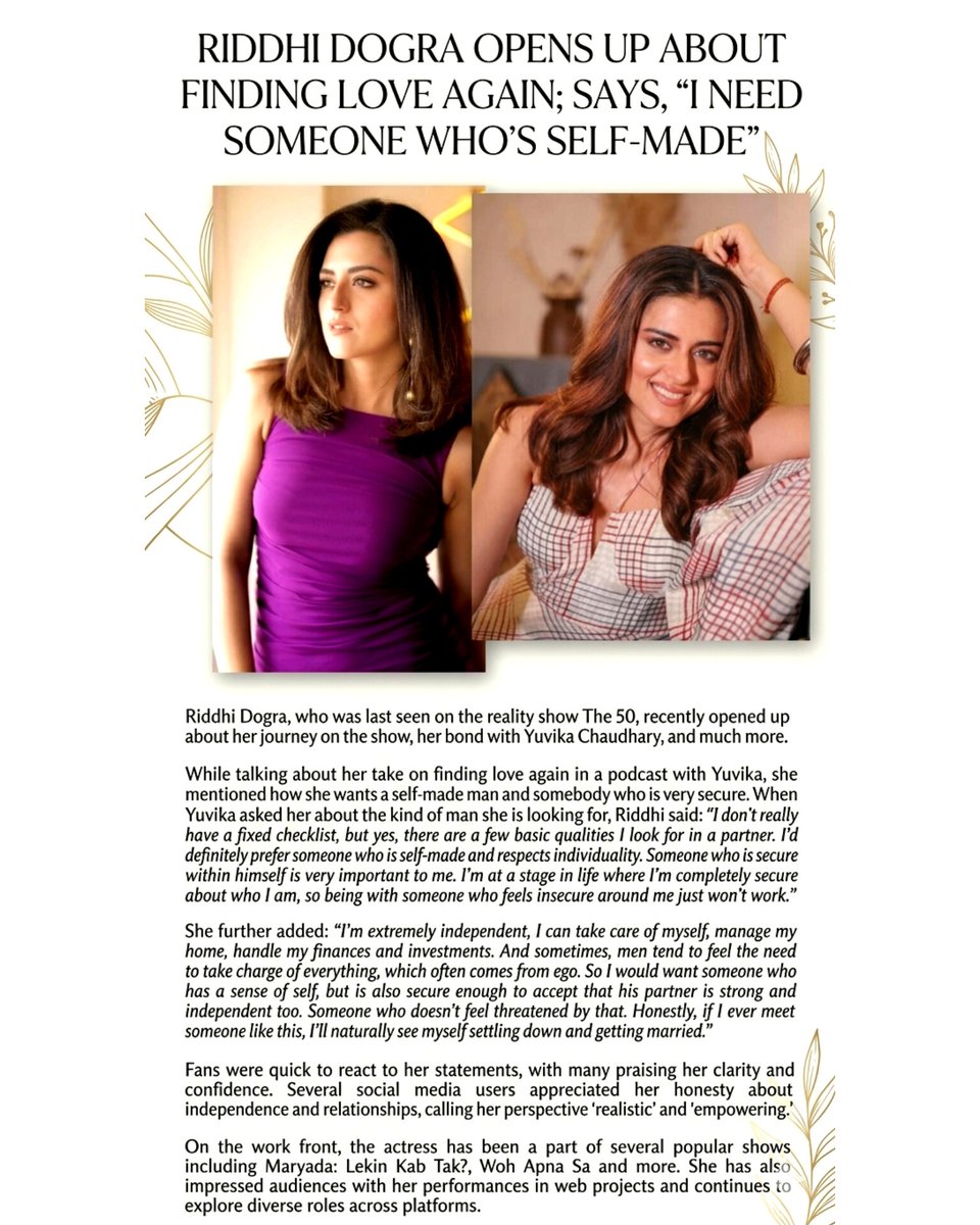 Tvmania2000's tweet image. Clear standards, strong mindset 💫 — Riddhi Dogra speaks on love, independence &amp;amp; finding the right partner.
#RiddhiDogra #SelfMade #ModernLove #IndependentWoman #RealTalk #Relationships #Empowerment #StrongWomen #LifeGoals #Trending