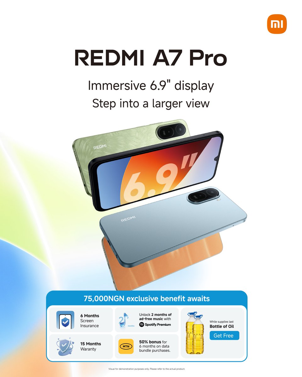 XiaomiNigeria's tweet image. More than a phone, it’s a full package. 💯

Get the REDMI A7 Pro and unlock up to ₦75,000 in exclusive benefits.

Now available at RAYA, FINET, POINTEK, 3CHUB, or any Xiaomi authorized store and grab yours today. 🛒

#REDMIA7Pro #Xiaomi #XiaomiNigeria #REDMI #BigScreenBigPower