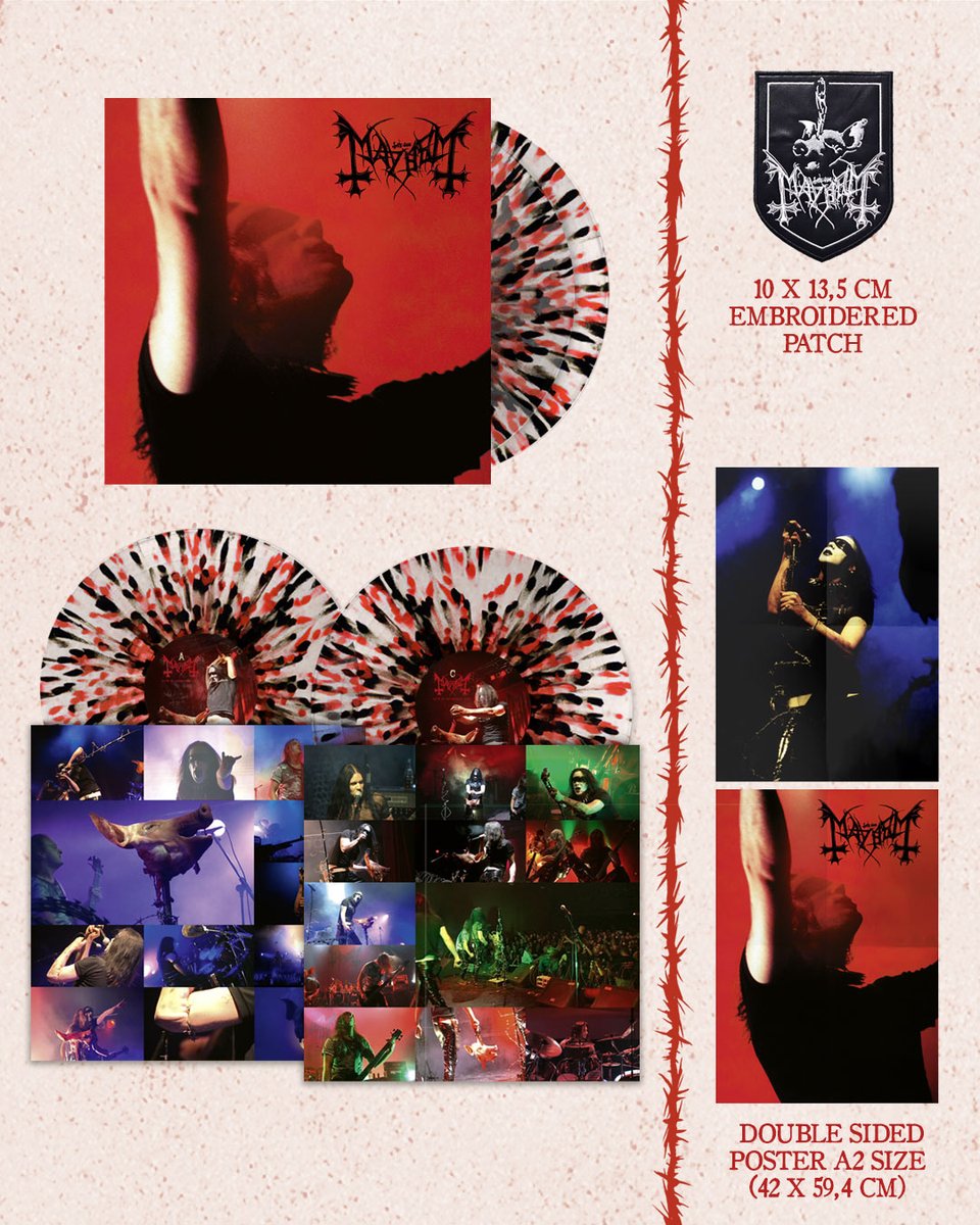 mayhemnorway's tweet photo. Get your hands on "Live in Marseille 2000" 2LP in form of the 25th Anniversary Edition reissued by @seasonofmistofficial.
Out on June 26th and available on limited-edition 2x12” Colored Vinyl (Red and Black Splatter). Includes a full color poster &amp; embroidered patch. https://t.co/uWIw7nr5wC