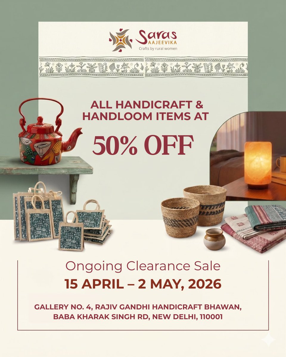 esarasaajeevika's tweet image. Only 4 days left. ⏳

50% OFF at Saras Gallery - unique handloom &amp;amp; handicraft items you won’t find twice.

📍 SARAS Gallery - Gallery No. 4, Rajiv Gandhi Handicraft Bhawan, New Delhi
🗓️ Till 2nd May, 2026

#SarasGallery #VocalForLocal #ClearanceSale