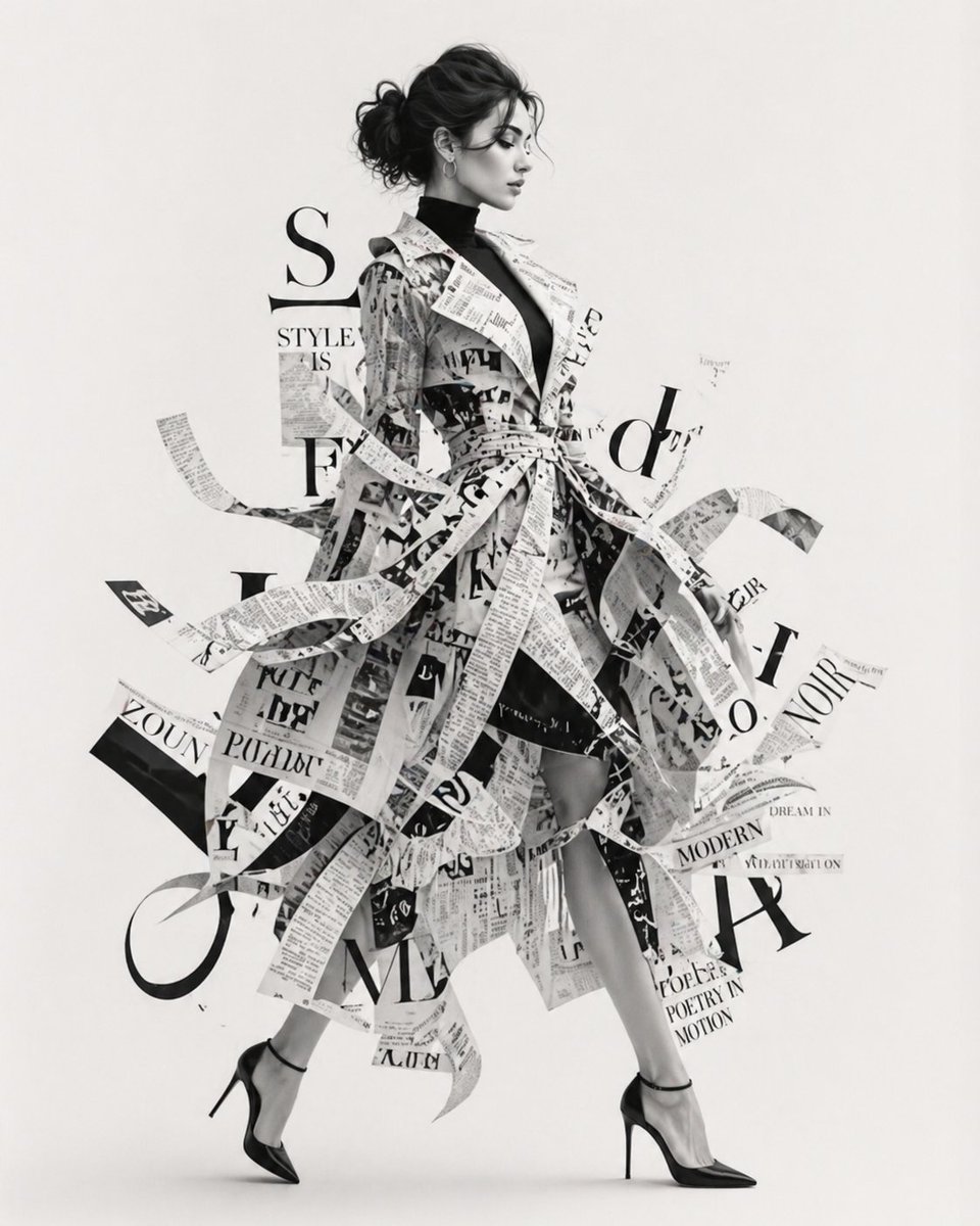 Entire fashion shoot replaced by one prompt.
Welcome to the AI era. 

Prompt ⤵️ 

A high-fashion black and white editorial portrait of a woman walking in elegant side profile, wearing an avant-garde dress made entirely of flowing newspaper clippings, typography, and magazine text