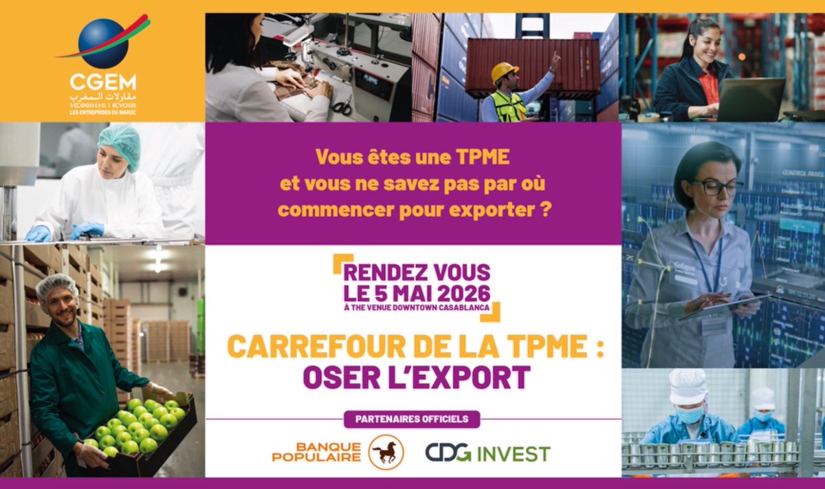 CGEM_MA's tweet photo. Vous êtes une #TPME, et si vous aviez déjà le potentiel d’exporter sans le savoir ? 🌍

📅 Rendez-vous le 5 mai 2026 à Casablanca

Programme : https://t.co/9udvJItCVO  
Inscrivez vous : https://t.co/WSLBEzmWgm https://t.co/baT4SLtWlI