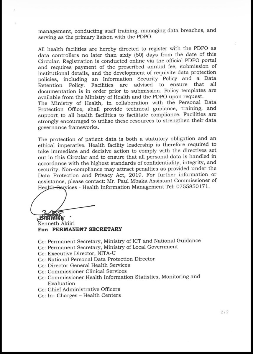 Mandatory compliance notice for all health facilities!

✅Register with <a href="/pdpoUG/">Personal Data Protection Office, Uganda</a> as data controllers within 60 days
• ✅Appoint a Data Protection Officer within 15 days
✅Implement data protection policies and safeguards

Protecting patient data is both a legal obligation and a
