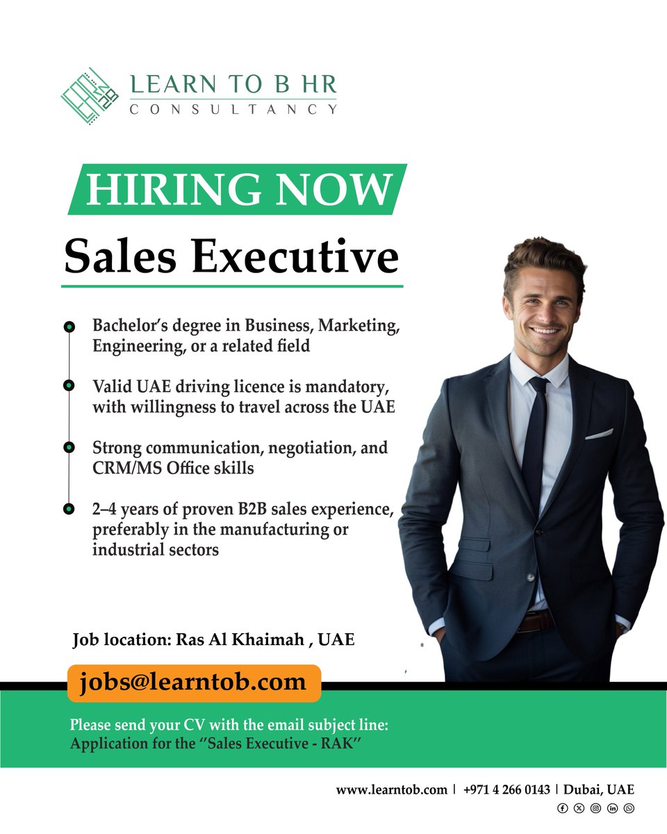Learn_To_B's tweet photo. We’re Hiring: Sales Executive 🚀
📩  Send your CV to : jobs@learntob.com or Click to apply now:https://t.co/rSiTyeQNvK 
📍 Location: Ras Al Khaimah, UAE

#LearnToB #Hiring #SalesJobs #B2BSales #UAECareers #RAKJobs #BusinessDevelopment #SalesExecutive #JobOpening #ApplyNow https://t.co/4v9Y0VzOYb
