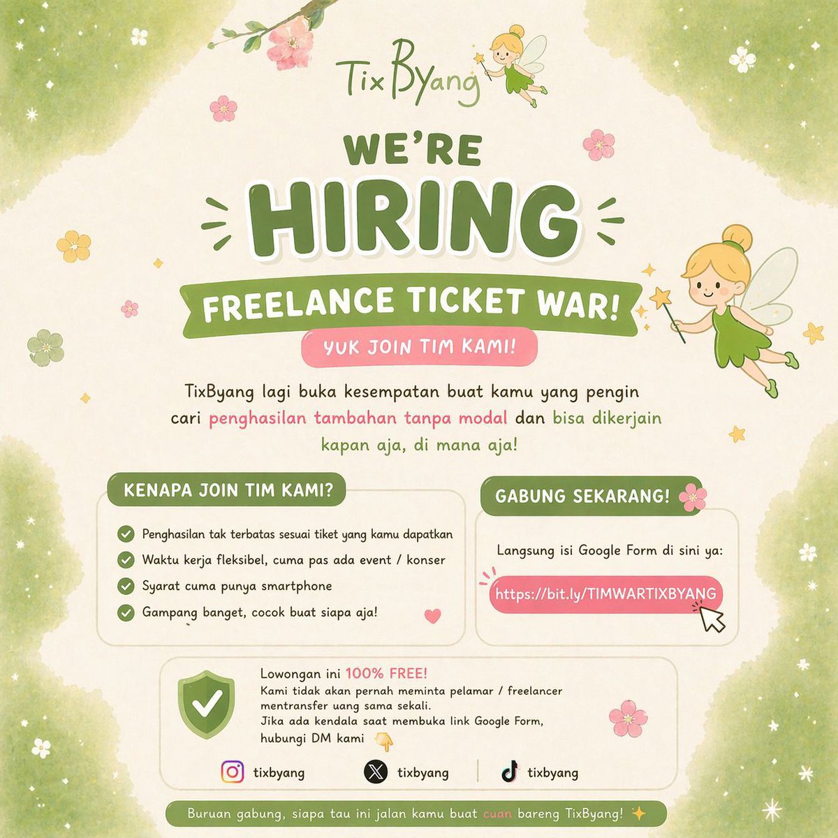🚨 WE’RE HIRING! 🚨

Cari side income tanpa modal? Join Freelance Ticket War TixByang sekarang! 🎟️🔥

✔️ Fleksibel ✔️ Cuma butuh HP ✔️ Cuan tanpa batas

💯 GRATIS, no transfer sama sekali!

Daftar 👉 bit.ly/TIMWARTIXBYANG
Jika ada pertanyaan bisa DM: <a href="/tixbyang/">tixbyang</a> 

#freelance