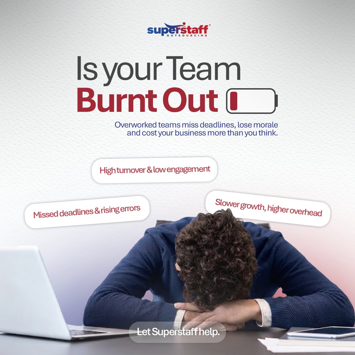 SuperStaffBPO's tweet image. Overworked teams don't scale. Burnt-out employees cost you more in the long run.

SuperStaff helps you right-size your team so everyone can breathe again.
👉 superstaff.com 

#Outsourcing #TeamBurnout #SuperStaff