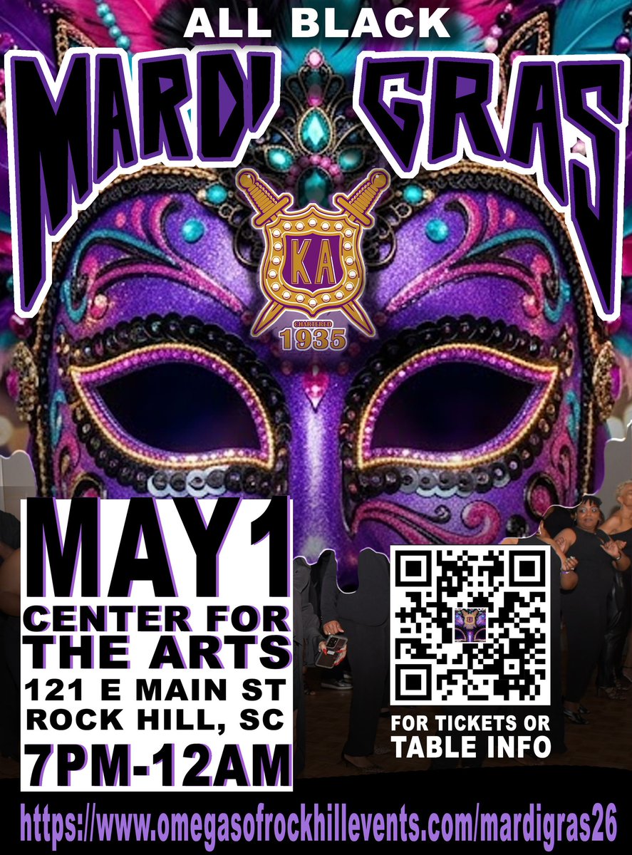 OmegaofRockHill's tweet image. ALL BLACK MARDI GRAS 🖤
📍 May Center for the Arts, Rock Hill SC
⏰ 7PM–12AM

Dress up. Show out. Celebrate in style! 🎭✨

🎟 Tickets:
omegasofrockhillevents.com/mardigras26

#MardiGras #AllBlackEvent #RockHill