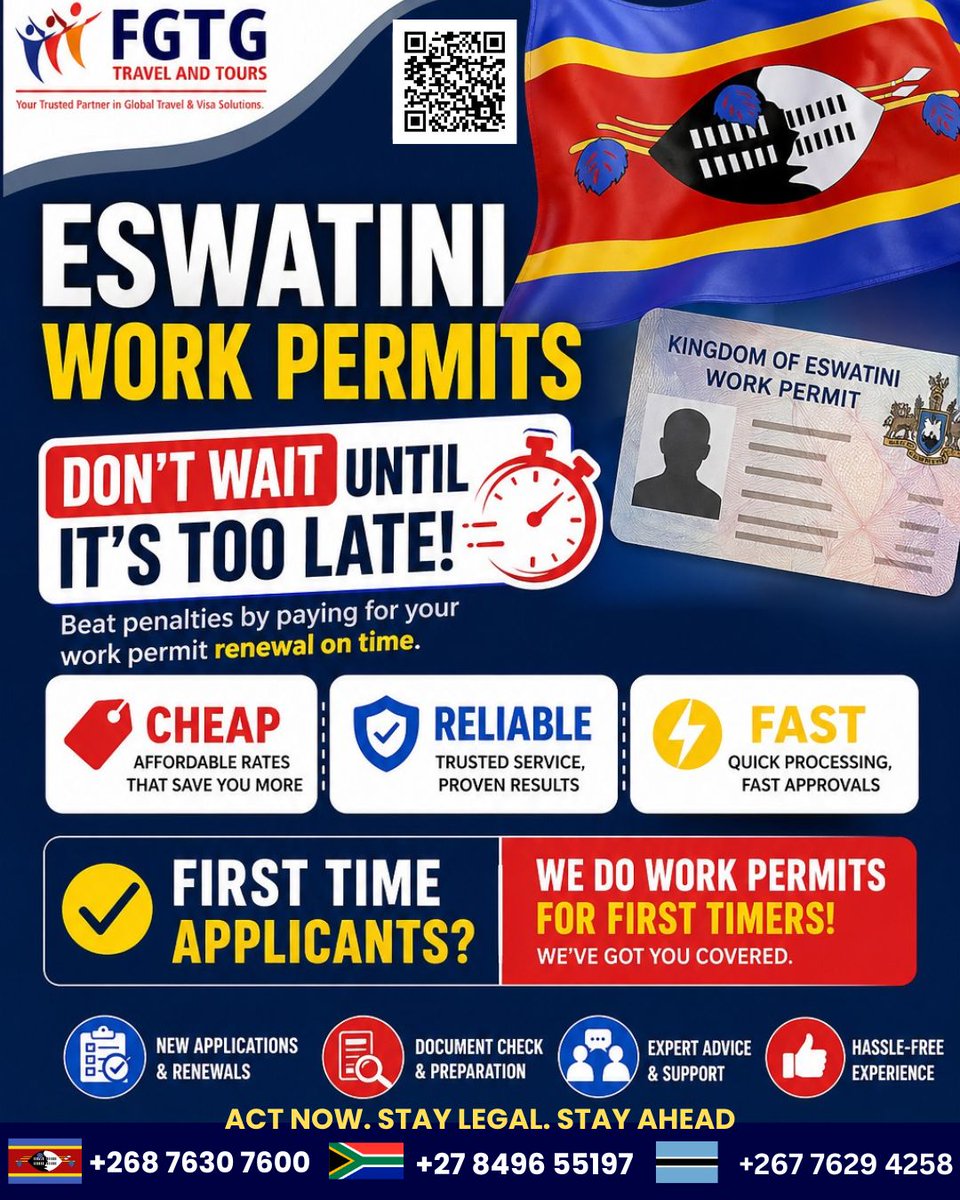 FgtgAnd's tweet image. Don’t wait for penalties
Secure your work permit the EASY way
FGTG Travel &amp;amp; Tours Eswatini is here to help you:
Renew on time
Apply hassle-free
Get professional support

Fast. Reliable. Stress-free.
#FGTG #FGTGTravel #WorkPermit #Eswatini #VisaSupport #ImmigrationHelp #StayLegal