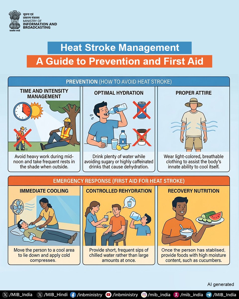 MIB_India's tweet image. Stay safe in the heat. ☀️

Know the signs, act fast, and protect yourself and others from heat stroke.

#BeatTheHeat #Heatwave