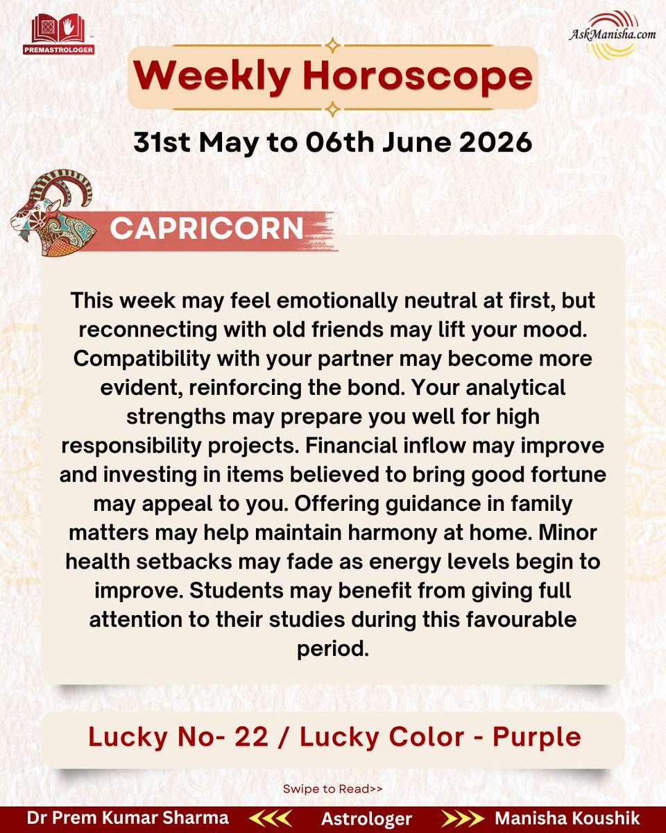 KoushikManisha's tweet photo. Ready to Unlock Your Destiny? Check Out Your Weekly Horoscope Now!!!

Reach us for a personal discussion at+919212144479
Check out your #Weeklyforecast now (31st May 2026 – June 6th 2026) https://t.co/ESIsPx5ecE

#sagittarius #capricorn #aquarius #pisces https://t.co/V7my0dF4AH