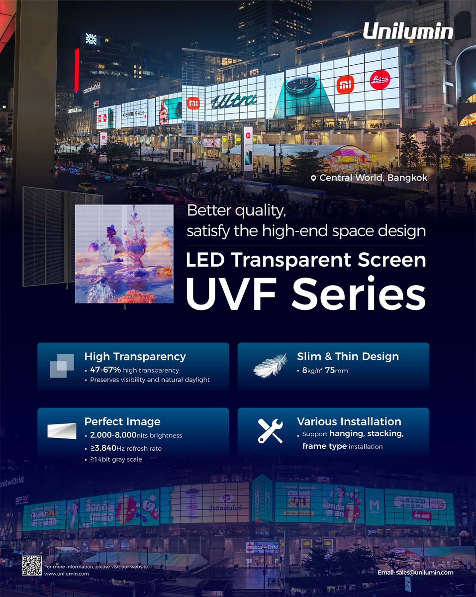UniluminDisplay's tweet image. Visual expression doesn’t have to come at the cost of architectural integrity. Transparent #LEDdisplays offer a way to bring visual content into architecture while preserving openness, light, and structural clarity. Explore what’s possible with #Unilumin #transparentLED UVF.
