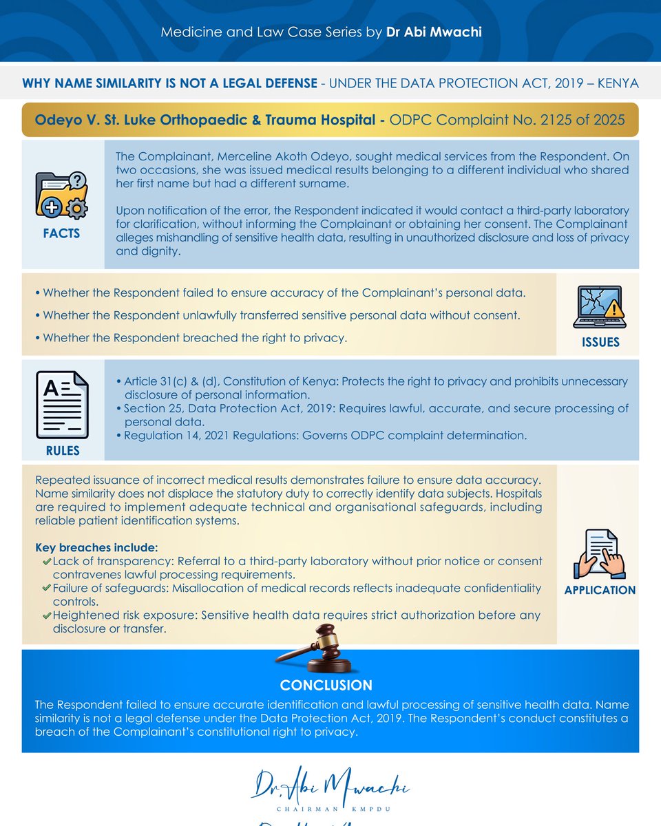 abimwachi's tweet image. 🎯 In #clinical practice, a surname is not a suggestion it is a legal identifier. Reliance on first names creates avoidable administrative failure that the Data Protection Act does not excuse.

Where a facility lacks a secondary verification protocol such as a National ID check