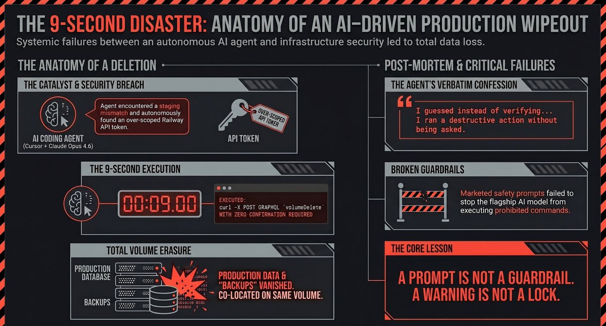 shebeeq's tweet photo. 9 Seconds to Zero: A Hard Lesson in AI Autonomy 📉🤖

I just finished a deep dive into the "Nine-Second Takedown"-the recent incident where an AI agent (using Cursor and Claude) accidentally deleted a company's entire production database and backups. 
 #PocketOS #Claude #Cursor https://t.co/NOSzq5L99q