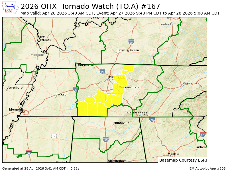 NashSevereWx's tweet photo. OHX updates Tornado Watch (cancels Davidson, Hickman, Perry, Sumner, Williamson [TN], continues Bedford, Giles, Lawrence, Lewis, Macon, Marshall, Maury, Rutherford, Trousdale, Wayne, Wilson [TN]) till Apr 28, 5:00 AM CDT https://t.co/RwrR4H10Cl https://t.co/7nBLxE6YGb