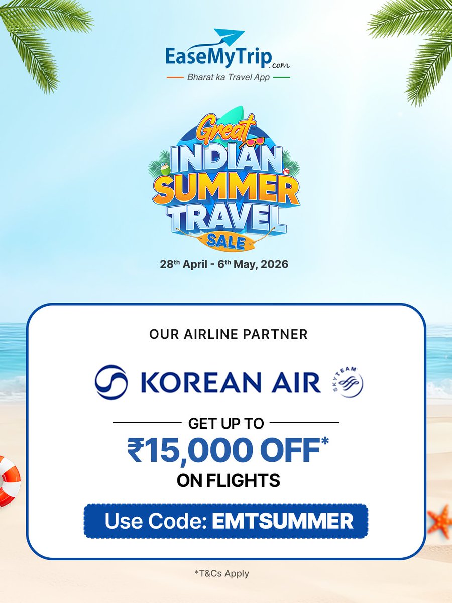 EaseMyTrip's tweet image. Korean Air just made your next trip affordable✈️🔥

The Great Indian Summer Travel Sale is LIVE -
and now’s the time to lock your flights without overpaying
Better fares. More routes. No waiting around.

Book with EaseMyTrip
*T&amp;amp;C apply

#GreatIndianSummerSale #FlightDeals