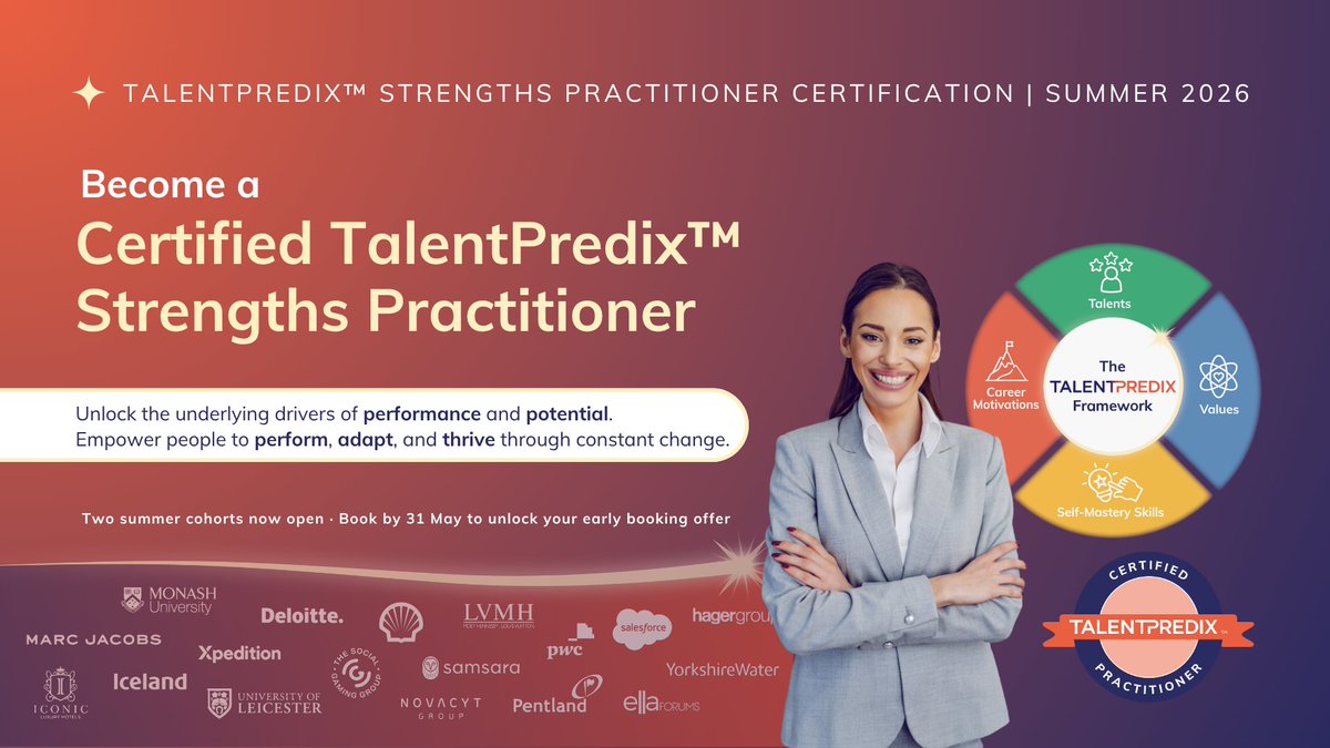 TalentPredix's tweet photo. Most strengths tools tell people who they are. TalentPredix™ identifies what drives performance and potential - Strengths, Motivations, and Values in one 3-in-1 assessment.

Two summer certification cohorts open. Early bird deadline: 31 May.
→ https://t.co/qLFYrMVVfQ https://t.co/0a20vb1EES