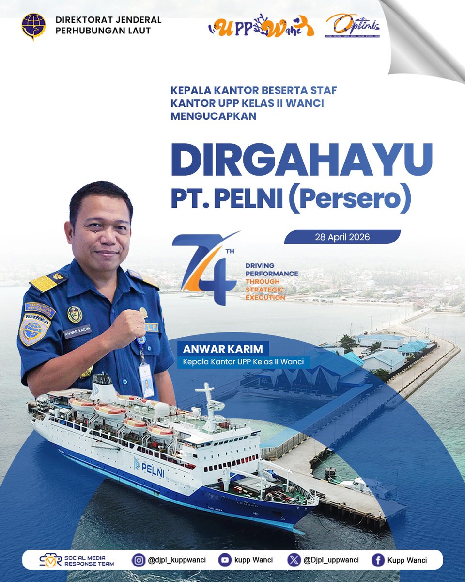 KuppWanci's tweet photo. Kepala Kantor UPP Kelas II Wanci, Bapak Anwar Karim, ST., MM bersama Staf mengucapkan Dirgahayu PT. PELNI (Persero) ke 74 tahun 28 April 2026.

Diving Performance, Through Strategic Execution

#MenghubungkanIndonesia
#0Tolerance4Safety https://t.co/ygdHN8Ppp6