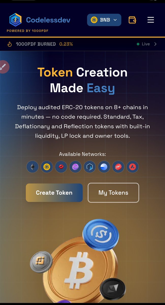 rapostle_sam's tweet photo. 1000PDF is an educational and skill acquisition platform that makes knowledge and skills affordable and available. 

◻️ Our first utility is CODELESS DEV, which is a token factory (with 8+ blockchains) for creating tokens, adding liquidity, locking liquidity, multi-wallet sender, renounce function, token scanner, snapshots and almost everything a dev will need. 

❓ Do you know that with codelessdev, you can add liquidity to your project without visiting pancake swap? 

❓Do you also know that you don't need to go to BSC SCAN to get your dex pair as it's generated automatically for you? 

◻️ 50% of all fees generated here will be used to buy back 1000pdf, thus stabilizing price. 

◻️ When the upgrade is completed soon, 1000pdf will become the official token for transacting on codelessdev. 

◻️ The current supply of 1000pdf is 1 Quadrillion and constant auto burn reduces supply daily. 

RENOUNCED ✅
LIQUIDITY LOCKED 🔒
AUTO BURN 🔥
