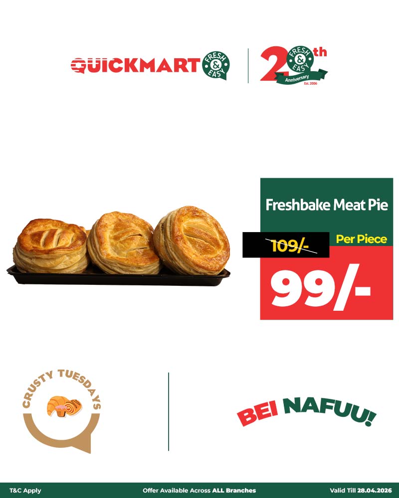 QuickmartKenya's tweet image. Warm flavors, cooler prices—your Crusty Tuesday treat awaits.

*Valid ONLY TODAY!

Shop online from our website quickmart.co.ke

Download the app qrfy.com/1bdkIHDde-

#CrustyTuesday
#20YearsTogether
#BeiNafuu
#FreshAndEasy